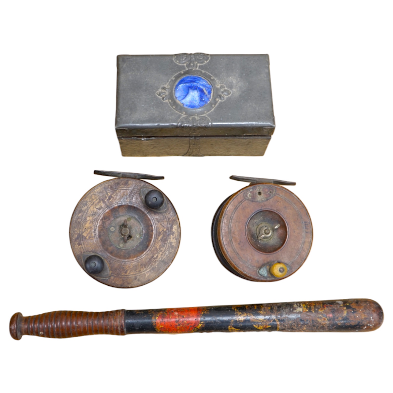 Two wooden fishing reels, a Victorian truncheon and an Arts and Crafts pewter box with enamel roundel. Truncheon 43cm long., Condition - all items worn